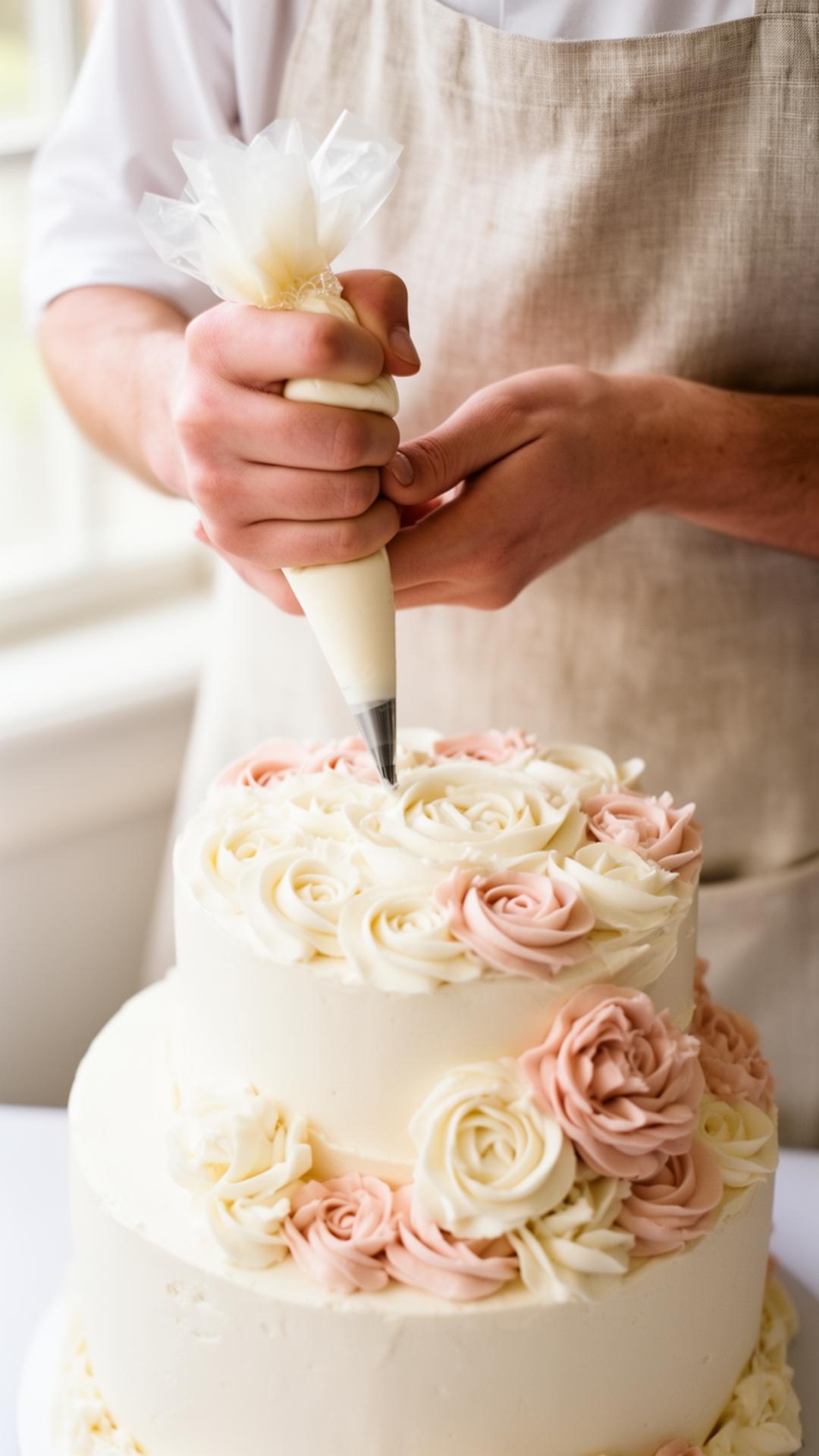 Deniz Düzgün dekoriert eine Hochzeitstorte mit Buttercreme-Rosen